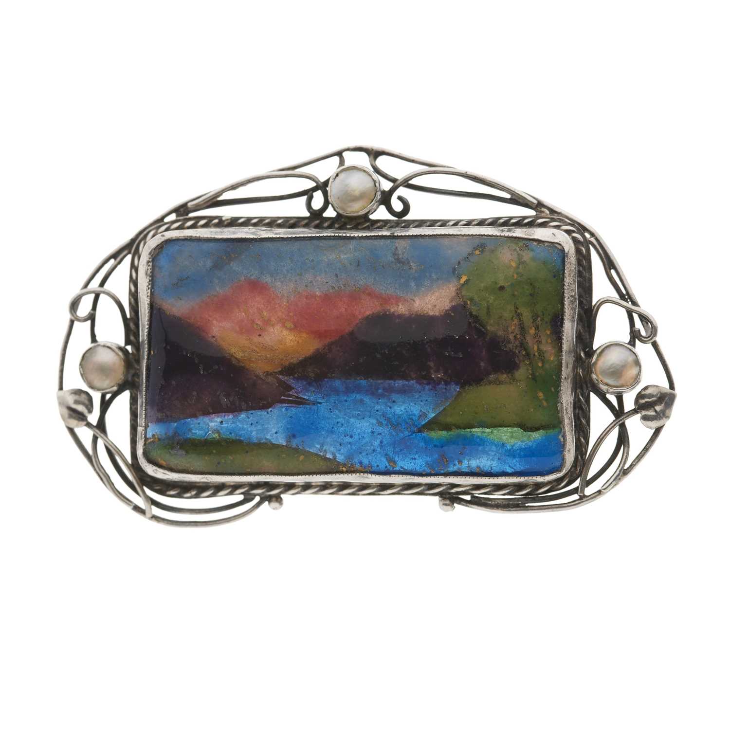 Lot 90 - George Hunt, an Arts & Crafts silver enamel and pearl landscape brooch