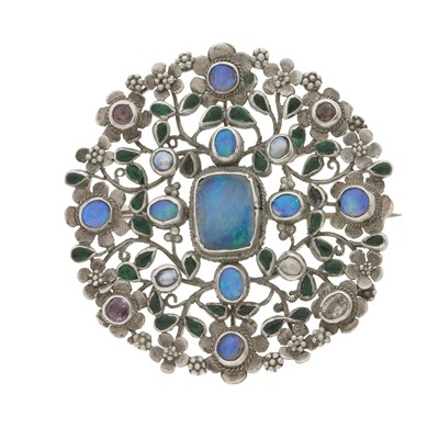 Lot 87 - Arthur & Georgie Gaskin, an Arts & Crafts silver and multi-gem openwork brooch
