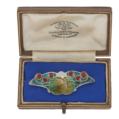 Lot 89 - Archibald Knox for Liberty & Co., an Arts & Crafts silver and polychrome enamel Cymric brooch