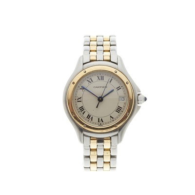 Lot 253 - Cartier, a stainless steel and gold Cougar date bracelet watch