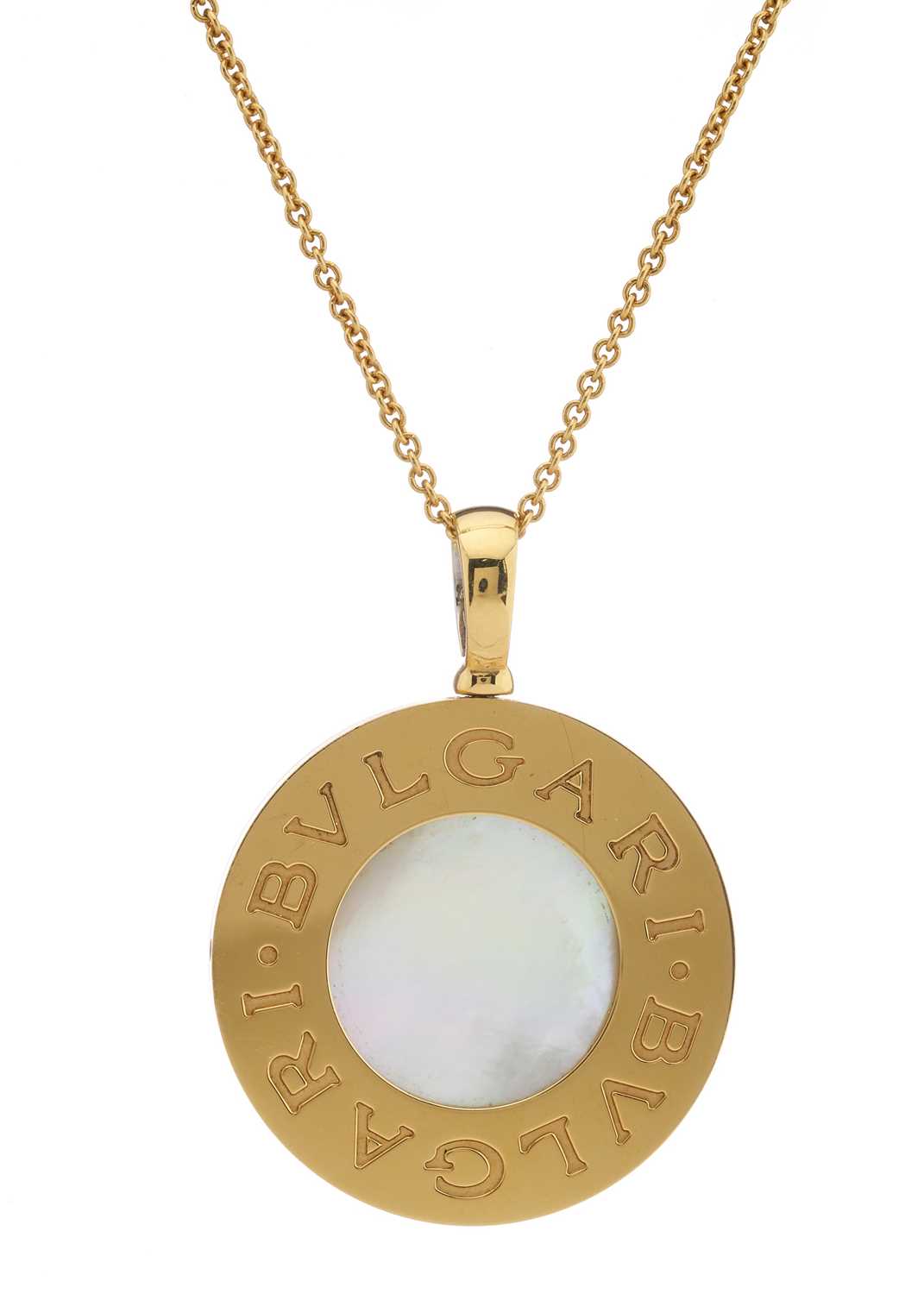 Lot 78 - Bulgari, an 18ct bi-colour gold, mother-of-pearl and onyx Bulgari Bulgari pendant, with chain