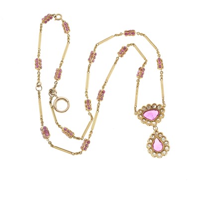 Lot 64 - A gold ruby and diamond cluster drop necklace