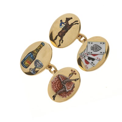 Lot 168 - A pair of 18ct gold polychrome enamel four vices cufflinks