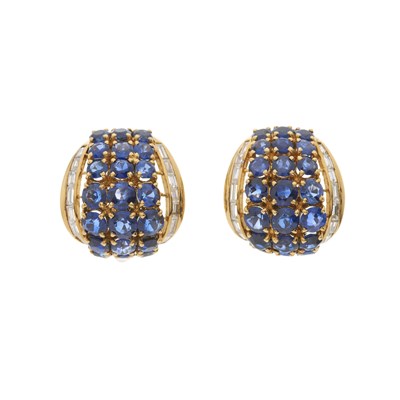 Lot 165 - A pair of 18ct gold sapphire three-row half hoop earrings
