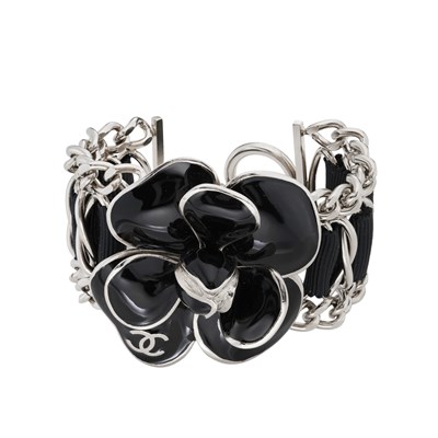 Lot 310 - Chanel, an enamel Camellia flower chain-link...