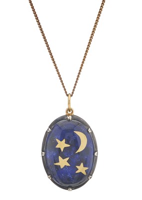 Lot 123 - A silver and gold, rock crystal and enamel locket pendant, with chain