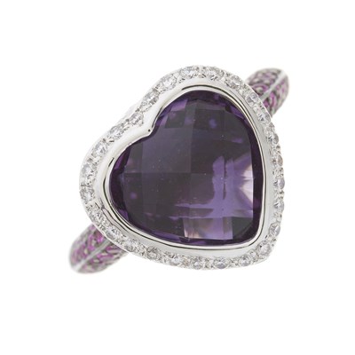 Lot 170 - An 18ct gold amethyst, diamond and pink sapphire cluster dress ring