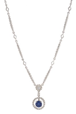 Lot 139 - An 18ct gold sapphire and diamond drop necklace