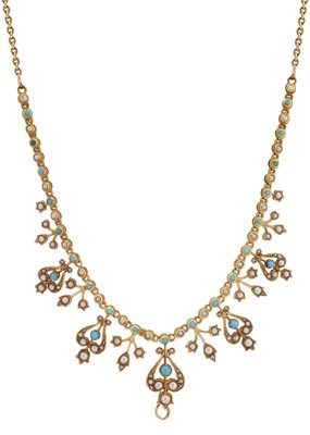 Lot 7 - An Edwardian 15ct gold turquoise and split pearl fringe necklace