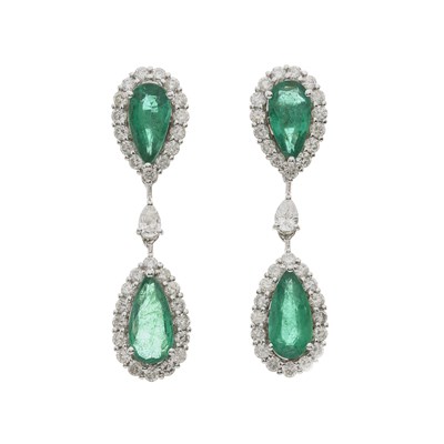 Lot 53 - A pair of 18ct gold emerald and diamond cluster drop earrings