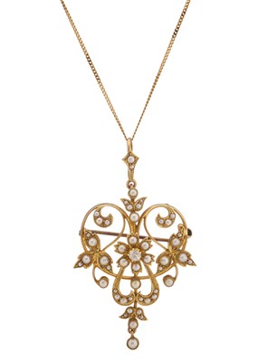 Lot 12 - A late Victorian 15ct gold diamond and pearl floral pendant, with chain