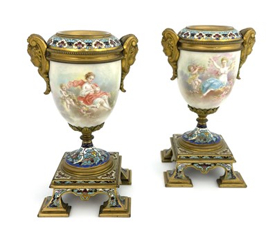 Lot 648 - Collet, pair of porcelain metal mounted vases,...