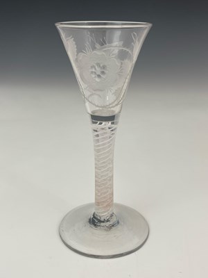 Lot 453 - A Jacobite engraved opaque twist wine glass,...