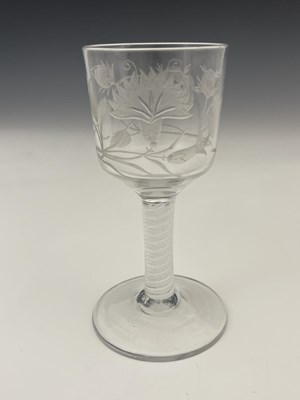 Lot 454 - A Jacobite engraved opaque twist glass goblet,...