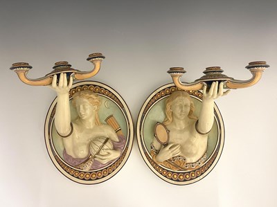 Lot 793 - A pair of Minton relief moulded wall sconces,...