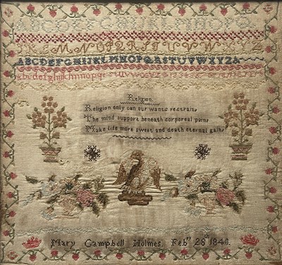 Lot 204 - An early Victorian textile sampler, strawberry...