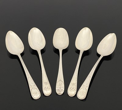 Lot 447 - A group of five silver tablespoons, eighteenth-...