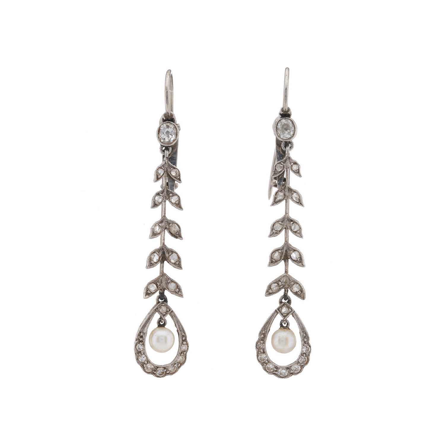 Lot 7 - A pair of Edwardian pearl and diamond drop earrings