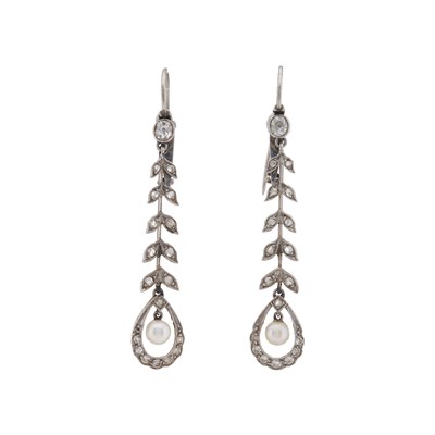 Lot 7 - A pair of Edwardian pearl and diamond drop earrings