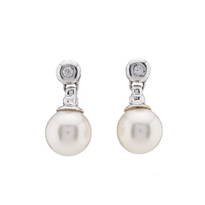 Lot 188 - A pair of 18ct gold pearl and diamond drop earrings