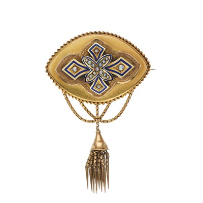 Lot 7 - A late Victorian gold, split pearl and enamel...