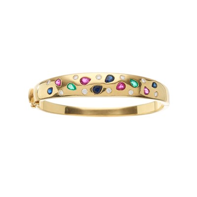 Lot 20 - An 18ct gold multi-gem hinged bangle bracelet,...