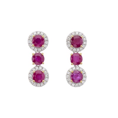 Lot 69 - A pair of 18ct gold ruby and brilliant-cut...