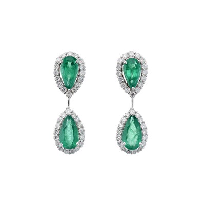 Lot 89 - A pair of 18ct gold emerald and diamond...
