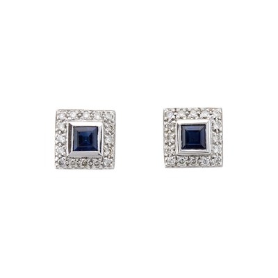 Lot 144 - A pair of 18ct gold square-shape sapphire and...