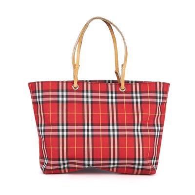 Lot 236 - Burberry, a rare red Nova Check handbag,...