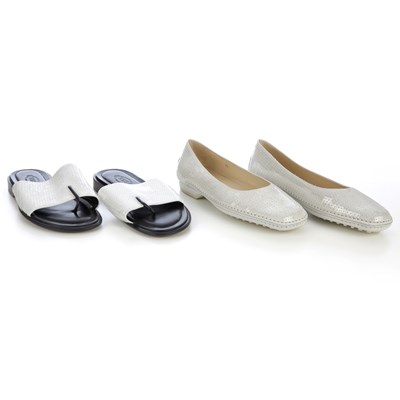 Lot 402 - Tod's, two pairs of unworn white sequinned...