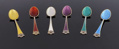 Lot 147 - David Andersen, a cased Harlequin set of Norwegian silver gilt and enamelled teaspoons