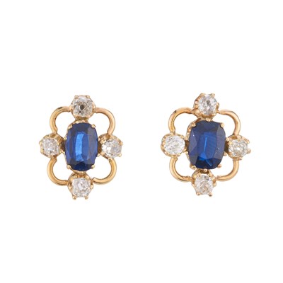 Lot 7 - A pair of gold, cushion-shape sapphire and old-...