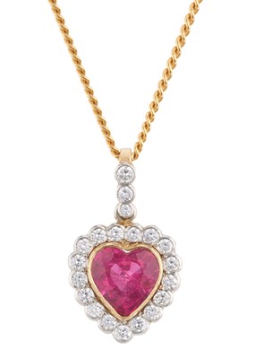 Lot 21 - An 18ct gold heart-shape pink tourmaline and...