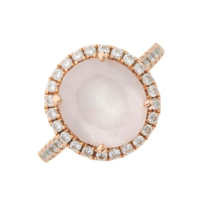 Lot 36 - An 18ct gold oval-shape rose quartz and...