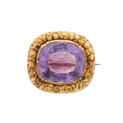 Lot 73 - A late Georgian gold, cushion-shape amethyst...