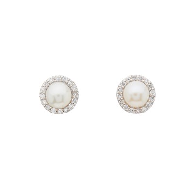 Lot 98 - A pair of 18ct gold cultured pearl and diamond...