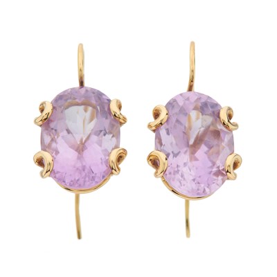 Lot 106 - A pair of 18ct gold oval-shape amethyst single-...