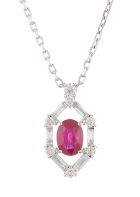 Lot 158 - An 18ct gold oval-shape ruby pendant, with...